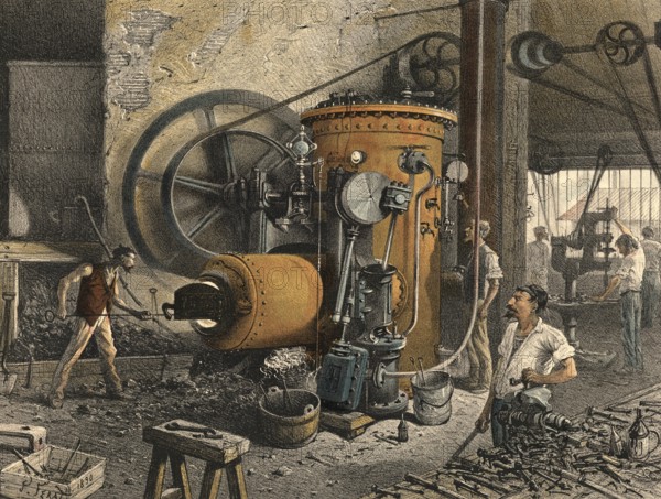 Industrial plant around 1890, steam engine in industrial use, authentic, digitally restored