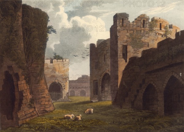 Courtyard of Beaumaris Castle around 1850, ruin of a castle in the town of the same name on the