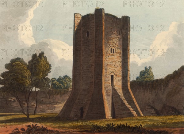 Coningsborough Castle watchtower, around 1840, medieval castle ruins in the village of Conisbrough