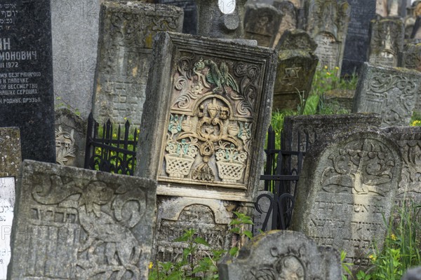 Tombstone with reliefs of various Jewish symbols, Jewish cemetery, since 1866, Czernowicz,