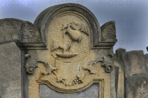 Tombstone with relief of a Levite pot, Jewish cemetery, since 1866, Czernowicz, Bukovina, Ukraine