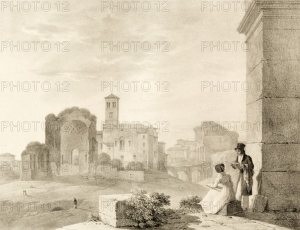 Campo Vaccino, cow pasture, 1820, the ancient Roman Forum in Rome, Italy, authentic, digitally