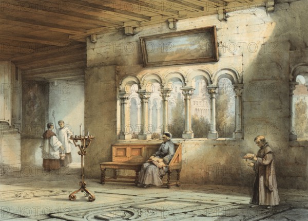 Cloister of the Basilica of Our Lady, Onze-Lieve-Vrouwebasiliek, in Tongeren, around 1860, Belgium,
