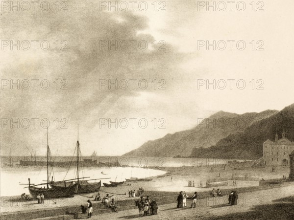 The port of Salerne, Salerno, 1830, port city southeast of Naples in Italy, authentic, digitally