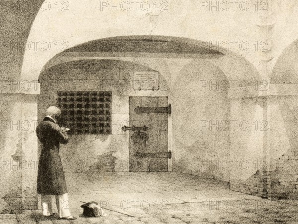 Person in front of a prison cell in the Casse prison, Ferrara, around 1850, Italy, authentic,