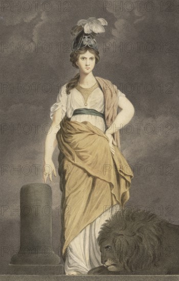 The virtues: bravery, strength. Allegorical female figure, a lion lying at her feet is a