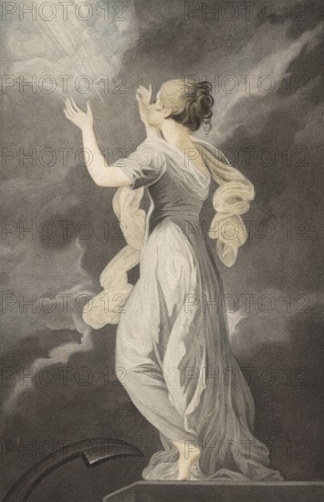 The virtues: hope, allegorical figure of hope looking at a bright light in the midst of dark clouds
