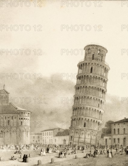 The Leaning Tower of Pisa around 1830, Italy, authentic, digitally restored reproduction from a