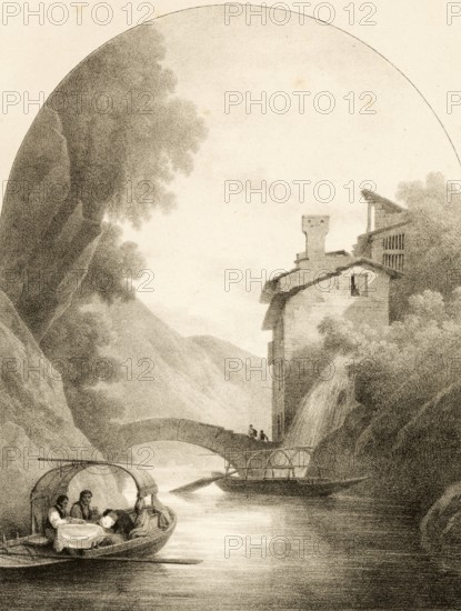 Nesso Bridge, Ponte della Civera, sights on Lake Como. This historic stone bridge in Romanesque