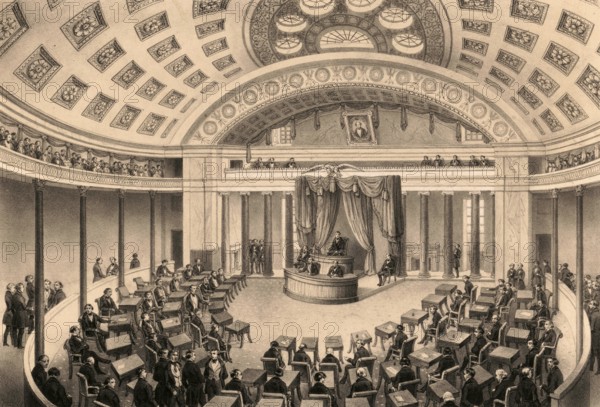 Senate Chamber, meeting room of the US Senate at the Capitol in Washington, D.C, around 1860,