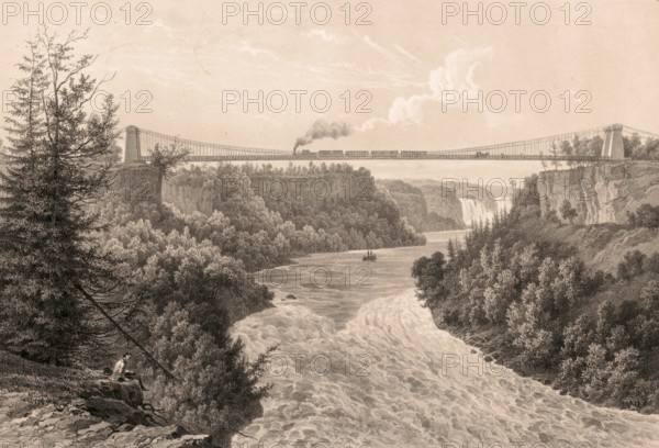 Niagara Falls, Niagara Falls, around 1860, Suspension Bridge, America, Canada, authentic, digitally