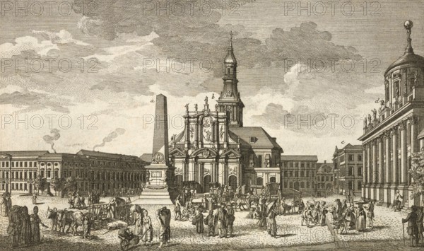 The old market in Potsdam, around 1850, Germany, authentic, digitally restored reproduction from a