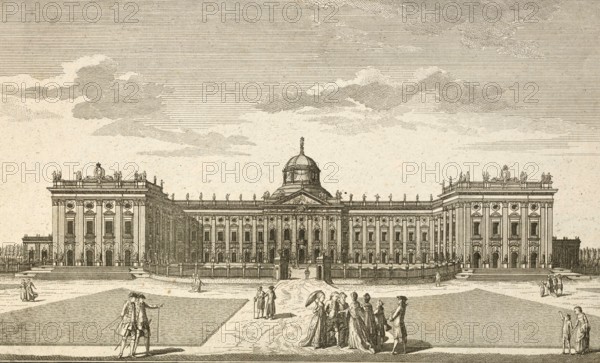 Royal Palace near Potsdam, main façade, seen from the colnoades, around 1850, Germany, authentic,