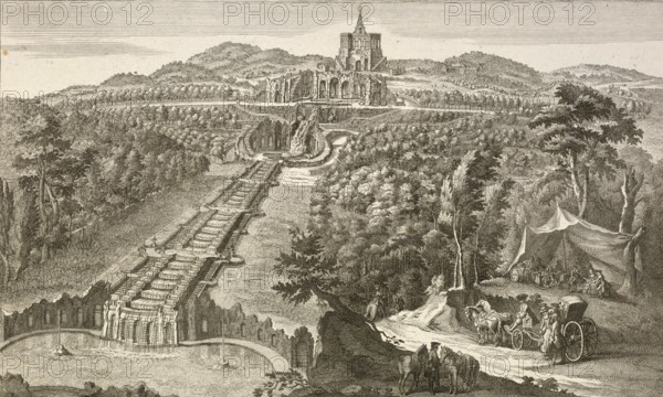 View of Karlsberg and the famous caves and waterfalls near Kassel, around 1850, Germany, authentic,
