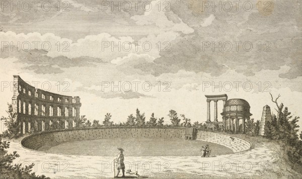 View of the basin and ruins on a hill opposite Sanssoucy, Sanssouci, around 1850, Germany,