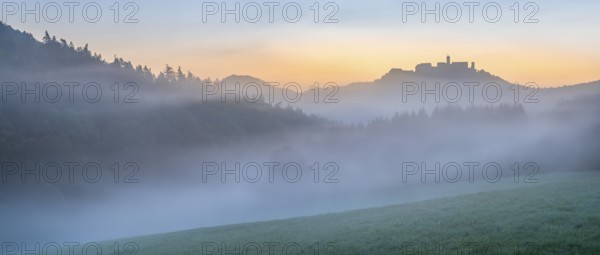 View of Wartburg Castle in the Thuringian Forest at sunrise, morning fog and dawn, meadow with dew,