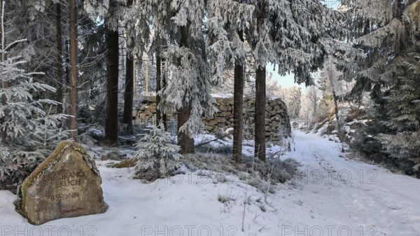 A snow-covered forest trail leads past an old structured ruin at Brauchrangenbruch, surrounded by