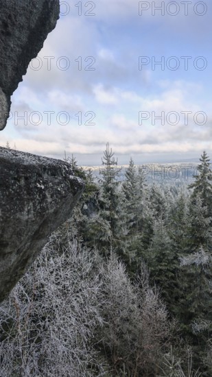 A large rock above a snowy landscape surrounded by fir trees with a cloudy sky in the background,