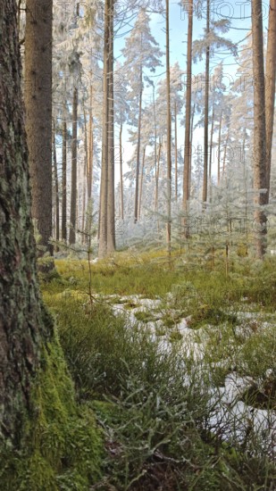 Snow-covered forest with tall trees and moss on the ground, quiet and natural atmosphere, pine