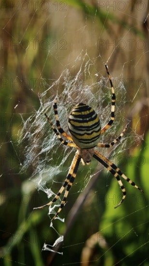 Close-up of a wasp spider (argiope bruennichi) on a flower in the middle of a green meadow, sunny