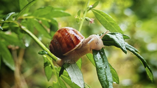 Close-up, vineyard snail (Helix pomatia) crawling on a green leaf in a humid natural environment,