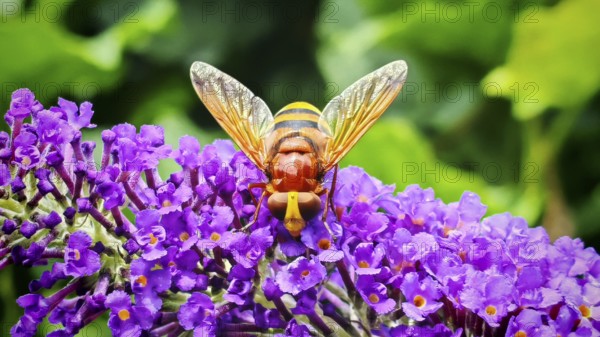 Close-up, hornet hoverfly (volucella zonaria) with detailed pattern on bright purple flowers,