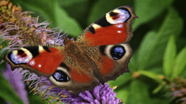 A peacock eye (aglais io) with red wings on a purple flower against a green background, frankenwald