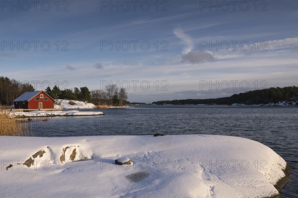 Boathouse, snowy archipelago landscape, sea, Korpoström, Korpo or Korppo, southwestern archipelago,