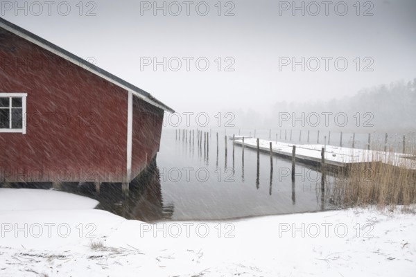 Boathouse and jetty, fresh snowfall, blowing snow, corpo or corppo, southwestern archipelago,