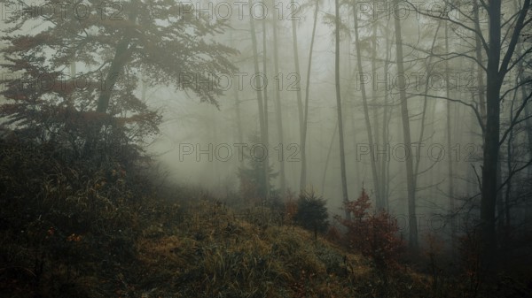 A calming, foggy forest with shady trees in autumn colors, Thuringian Forest