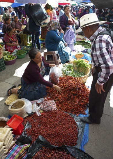 Mayan woman wearing traditional clothes at the market in Sololá, Highlands, Sololá Department,