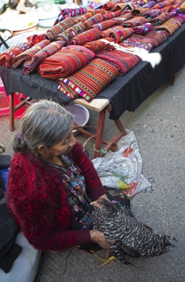 Mayan woman in traditional clothing with a chicken, traditional fabrics in the back, market in