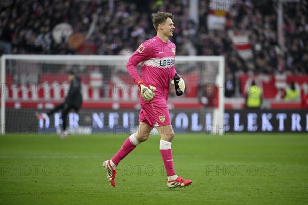 Goalkeeper Alexander Nuebel VfB Stuttgart (33) smiles Football Bundesliga, MHPArena, MHP Arena