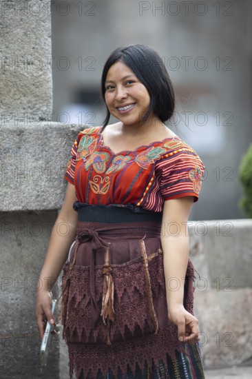 Mayan woman of the K'iché people in traditional dress, portrait, Parque Centroamérica or Parque