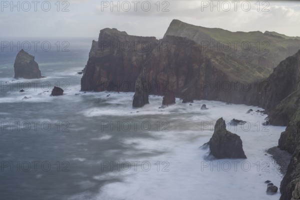 Long exposure of rock formations in the Atlantic Ocean, volcanic peninsula, Ponta de São Lourenço,