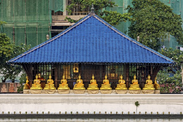 Several golden Buddha statues sit in a temple with a blue roof in front of green surroundings, The