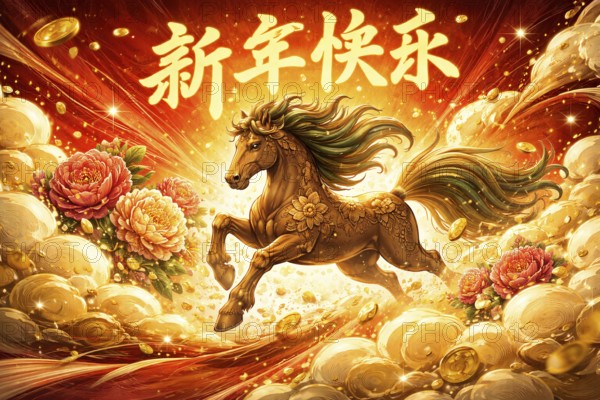 A vibrant illustration of a fiery red horse racing through a traditional Chinese landscape,