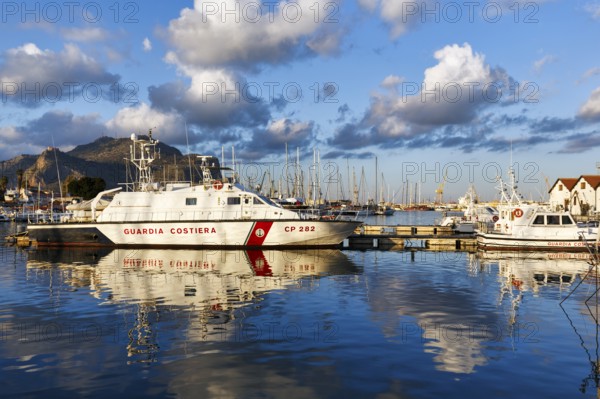 Italian Coast Guard patrol boat CP 282, sailboats, coastal landscape, marina, Marina La Cala in the