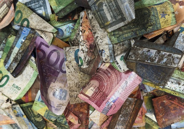 Banknotes destroyed and became worthless as a result of the flood disaster 2021, detail, House of