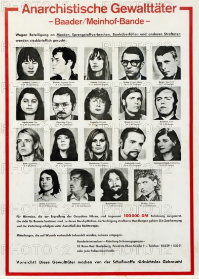 German wanted poster with mug shots of terrorists from the Baader Meinhof Group, Red Army Faction,