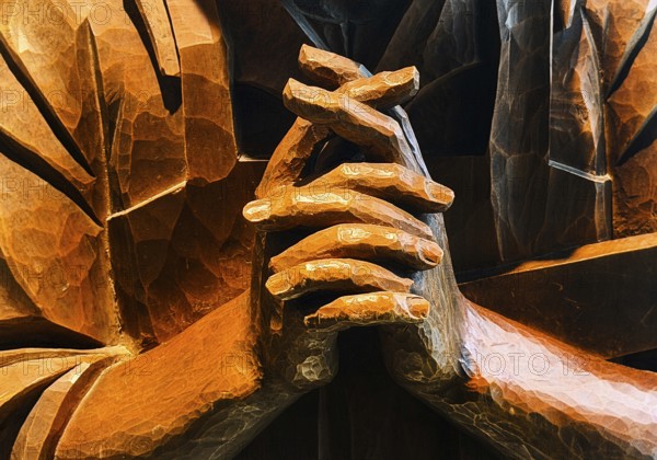 Wooden sculpture with praying hands of Saint Joseph from the Catholic church of the same name in