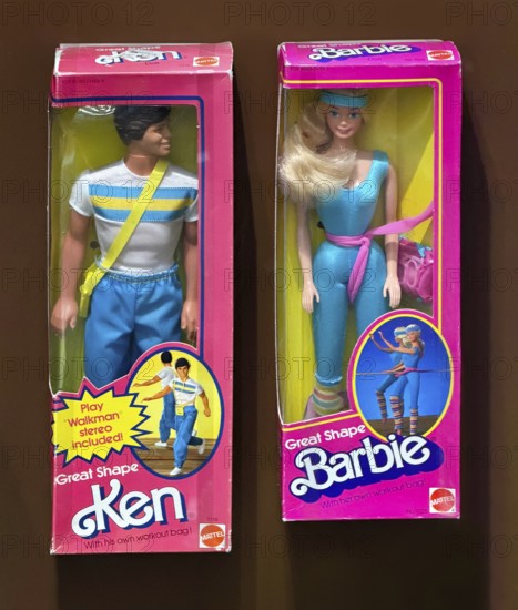 Figures of Ken and Barbie in original packaging, the most famous and best-selling dolls worldwide,