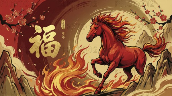 Illustration of a fiery red horse racing through a traditional Chinese landscape, symbolising