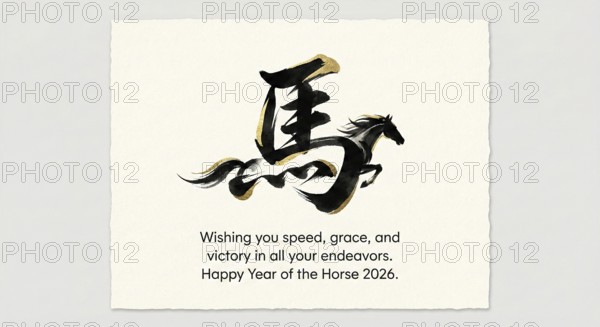 A minimal illustration of a fiery red horse racing through a traditional Chinese landscape,