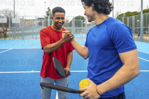 Two male pickleball players shaking hands on a blue outdoor court after a match, showing