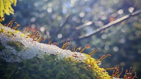 Moss (musco) with remnants of snow in close-up in the forest, shown in contrasting light
