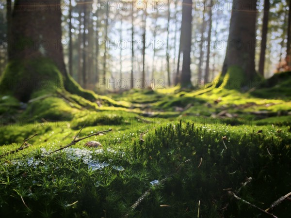 Moss covers the forest floor between large trees in sunlight, a natural scene, Frankenwald nature
