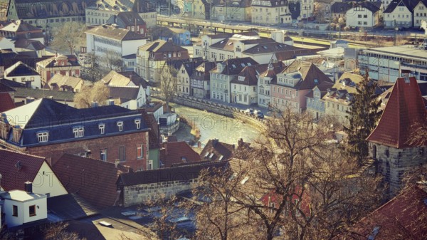 Bird's eye view of a city with a river and old buildings, Kronach, Upper Franconia