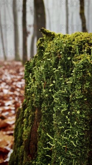 An old tree stump with dense green moss in a misty, autumnal forest, trumpet lichen (cladonia