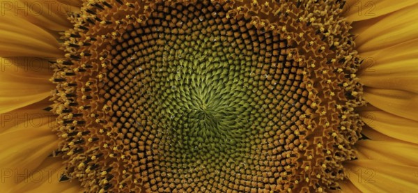 Close-up of the centre of the sunflower (helianthus annuus) showing the complex pattern and bright
